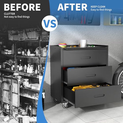 Mobile Garage Tool Storage Cabinet with 3 Drawers,Black Rolling Cabinet - color: Black, style: 3 drawer with wheels