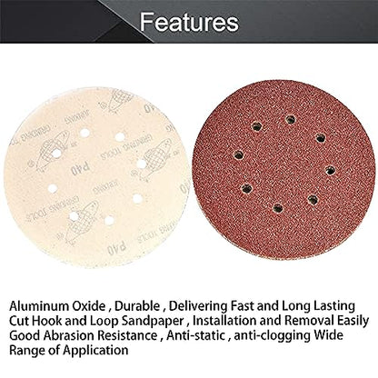 Utoolmart 10Pcs 7 Inch 8 Hole Hook and Loop Sanding Disc 40 Grit, Flocking Sandpaper for Random Orbit Sander - size: 40 Grit