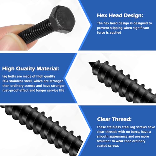 Zonon 304 Stainless Steel Lag Screw for Wood - color: Black, size: 1/4" X 1-1/2"