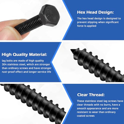 Zonon 304 Stainless Steel Lag Screw for Wood - color: Black, size: 1/4" X 1-1/2"