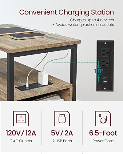 VASAGLE Side End Table with Charging Station, Slim Nightstand with Storage - color: Turquoise Brown + Ink Black, size: 23.6"D x 13.8"W