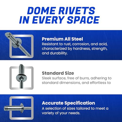 Fastenere Pop Rivets 3/16" x 1-1/4" (50 pcs) Aluminum Body Steel Mandrel, Heavy Duty, Open End, Low Carbon, Dome Head Blind Rivets, Corrosion Resistant & High Shear Strength, 6-20 Gap 1.126" - 1.250" - size: 3/16" x 1-1/4" (6-20) (50 Pack)