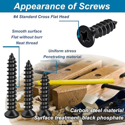 #4 Small Wood Screws Assortment Kit 420PCS, Black Short Phillips Flat Head Self Tapping Cabinet Hinge Screws, Hardened Carbon Steel Tiny Micro Mini Screws with 20Pcs M6 Wall Anchors - size: 420pcs-9 SIZES