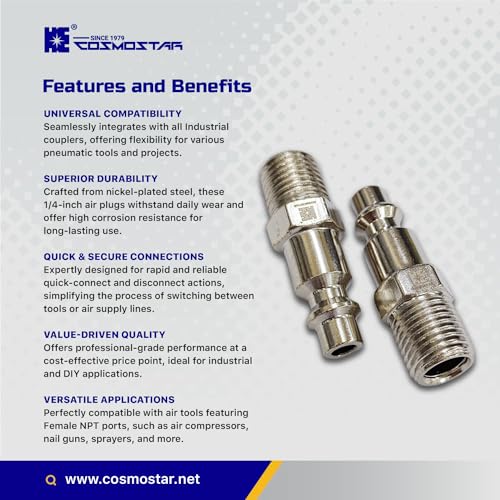 COSMOSTAR Industries Steel 1/4" MNPT Air Plug Fitting, 1/4 Inch Plug and 1/4" NPT Connector - Industrial Type Quick Connect Plugs (1/4" PMNPT0, 5 PCS)