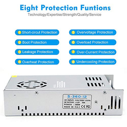 inShareplus 12V 30A 360W, DC Universal Regulated Switching Power Supply, Converter AC 100-240V to DC 12 Volt LED Driver, Transformer, Adapter for LED Strip Light, 3D Printer, Radio, Computer Project - style: 12V 360W