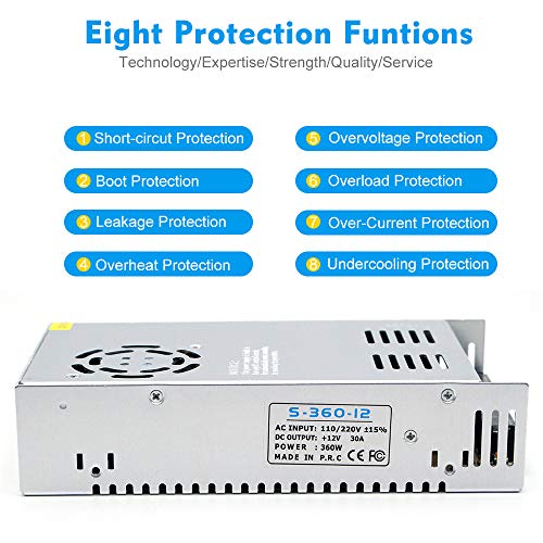 inShareplus 12V 30A 360W, DC Universal Regulated Switching Power Supply, Converter AC 100-240V to DC 12 Volt LED Driver, Transformer, Adapter for LED Strip Light, 3D Printer, Radio, Computer Project - style: 12V 360W