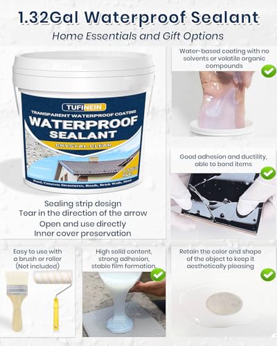 Transparent Waterproof Coating, TUFINEIN 1.32 Gallon Invisible Waterproof Agent Indoor & Outdoor Sealant Water-Based Clear Sealant Roofs, Walls, Garden, Terraces - size: 1.32 Gal