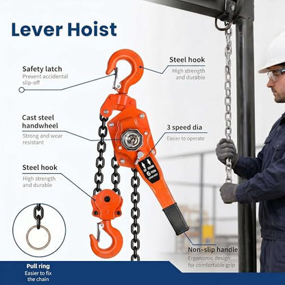 Manual Lever Chain Hoist 6 Ton 13200 Lbs, Heavy Duty Come Along Winch with Dual Pawl Brake, G80 Galvanized Carbon Steel Auto Chain Leading & 360° Hook for Garage Factory Dock（10FT） - size: 6T*10FT