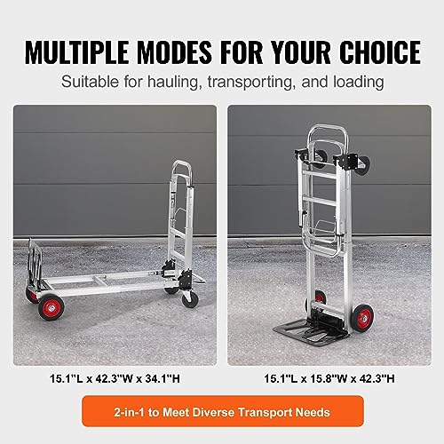 VEVOR Aluminum Folding Hand Truck, 2 in 1 Design 400 lbs Capacity, Heavy Duty Industrial Collapsible cart, Dolly Cart with Rubber Wheels for Transport and Moving in Warehouse, Supermarket, Garden - size: 400 lbs