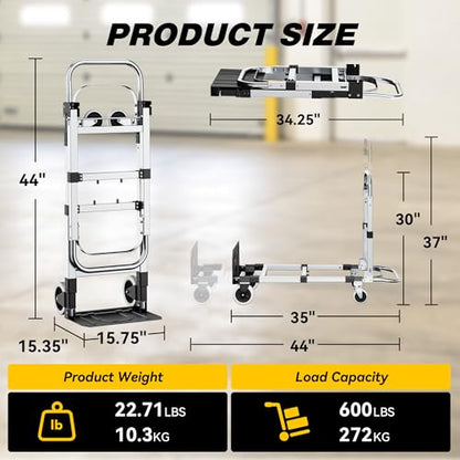 3 in 1 Convertible Hand Truck Dolly, 600Lbs Heavy Duty Folding Hand Truck Dolly Cart with Wheels, Adjustable Handle Angle & Expandable Base for Moving Home, Shopping, Office, Warehouse, Black - color: Black