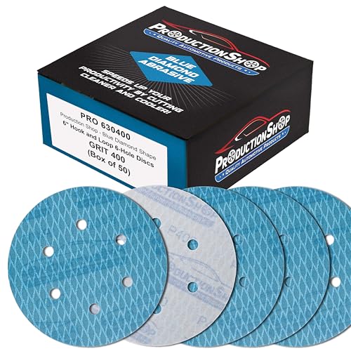ProductionShop Premium 400 Grit 6" Rhombus Diamond Shape Blue Sanding Discs, 6-Hole, Box of 50 - Hook & Loop Anti-Clogging J-Cloth Dustless Sandpaper for Random Orbital Sanders, Sand Auto Paint, Wood - style: 400 Grit