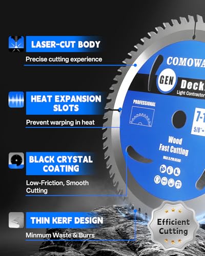 COMOWARE 7 1/4“ Circular Saw Blade (3Pack), 24T&40T&60T ATB Circular Saw Blade, 5/8" Arbor, TCT, Anti-Vibration, Teflon Anti-Stick, Miter Saws Blades for Wood, Laminate, Plywood & Hardwoods - size: 7-1/4" 24T/40T/60T