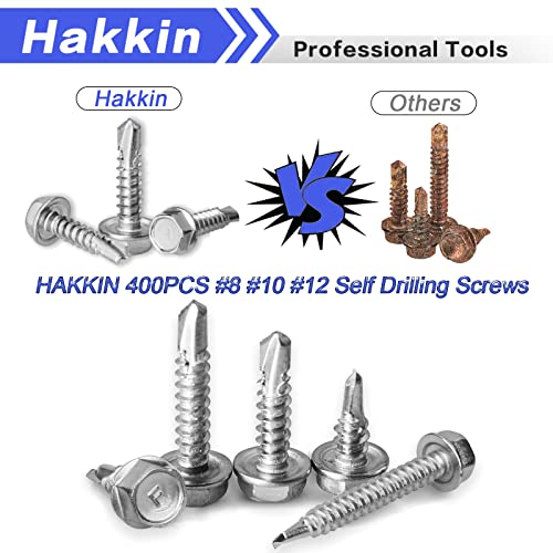 #8#10#12 Hex Washer Head Self Drilling Tek Screw Assortment Kit, 400PCS Stainless Steel Self Tapping Screws for Metal, Hakkin Sheet Metal Tek Screws with Rubber Washer, Length 1/2" to 2" - size: A #8#10#12 Hex Washer Head Silver (400pcs)