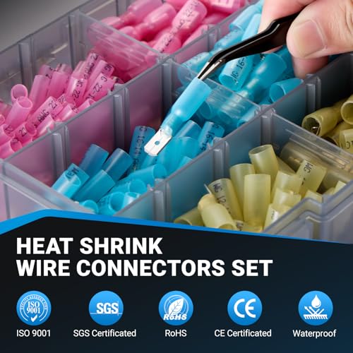 320PCS Heat Shrink Spade Connectors Kit, Waterproof Male & Female Quick Disconnect Electrical Wire Terminals, 22-10 AWG Insulated Crimp Spade Set for Marine Automotive Audio Wiring