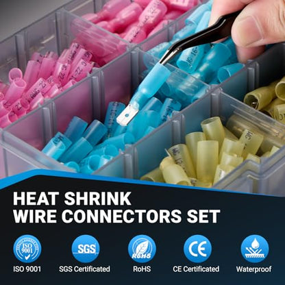 320PCS Heat Shrink Spade Connectors Kit, Waterproof Male & Female Quick Disconnect Electrical Wire Terminals, 22-10 AWG Insulated Crimp Spade Set for Marine Automotive Audio Wiring