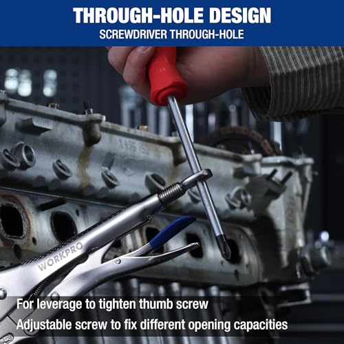 WORKPRO 5" Curved Jaw Locking Pliers with Screw Extractor, CR-MO Steel Construction with Perforated Screw, Multipurpose Clamping Tool for Automotive, Welding, and Home DIY
