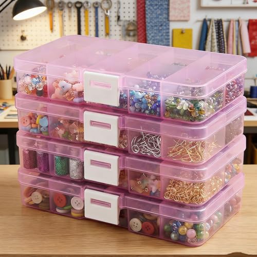 4Pcs 15-Grid Plastic Organizer Boxes, Stackable Craft Storage Cases - color: 4pcs- Pink
