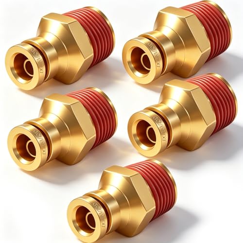 1/2" DOT Push to Connect Air Fittings, Brass 1/2" Tube OD x 1/2" NPT Male Straight Adapter, Quick-Connect Fittings for Air Suspension, Truck Trailer & Air Brake System (5-Pack) - size: 1/2"OD × 1/2"NPT Thread