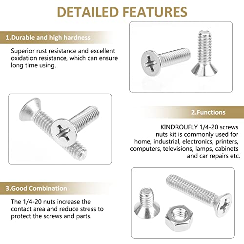 52 Pieces 1/4-20x 1/2", 3/4", 1", 1-1/4", 1-1/2", Phillips Countersunk Head Machine Screws Nuts Assortment Kit, 304 Stainless Steel, Fully Machine Thread - size: 1/4"-20