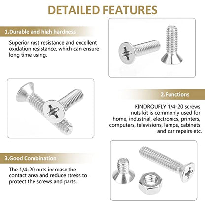 52 Pieces 1/4-20x 1/2", 3/4", 1", 1-1/4", 1-1/2", Phillips Countersunk Head Machine Screws Nuts Assortment Kit, 304 Stainless Steel, Fully Machine Thread - size: 1/4"-20