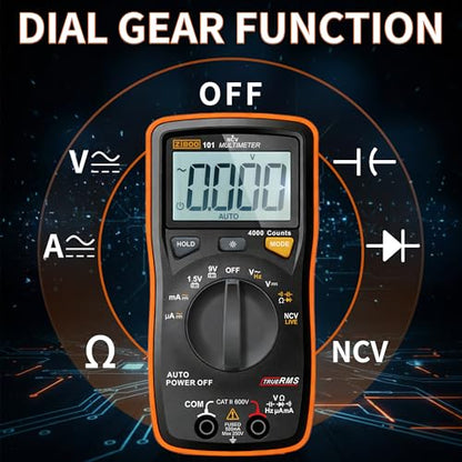 ZIBOO 101 Mini Digital Multimeter, TRMS 4000 Counts Auto-Ranging Pocket Voltmeter, Multi Tester for AC/DC Voltage Current Resistance Capacitance, with NCV, Live Wire, Battery Test and LCD Backlight