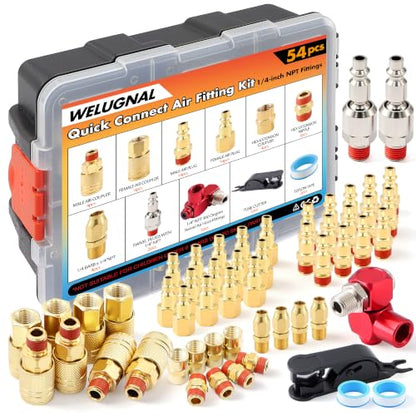 54PCS 1/4 Inch NPT Industrial Air Hose Fittings,Copper-Plated Pneumatic Quick Connect Coupler Kit with 360° Swivel,Adapters,Thread Tape & Tube Cutter | for Air Compressor & Automotive Repair