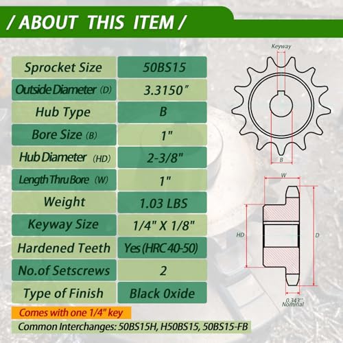 #50 Roller Chain Sprocket 15 Tooth 1" Bore (1/4" Keyway) Black Oxide with 2 Set Screws & Key Included for Conveyor Farm Equipment Packaging Industrial Heavy Duty Drive, Hardened Steel 50BS15-1 - size: 1 inch, style: 15tooth