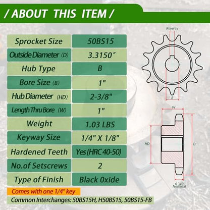 #50 Roller Chain Sprocket 15 Tooth 1" Bore (1/4" Keyway) Black Oxide with 2 Set Screws & Key Included for Conveyor Farm Equipment Packaging Industrial Heavy Duty Drive, Hardened Steel 50BS15-1 - size: 1 inch, style: 15tooth
