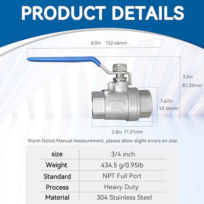 1 Pack Full Port Ball Valve 3/4 NPT 304 Stainless Steel 2 - chip ball valve Female Heavy Duty WOG1000 for Water，Oil，Gas with Locking Devic (3/4", 1) - style: 3/4"