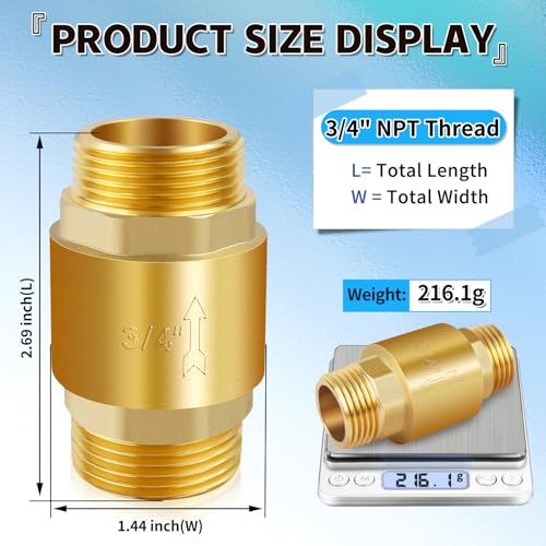 Solid Brass Spring Check Valve 3/4" NPT Male, Inline One Way Valve - size: 3/4" Male x 3/4" Male(DN20)
