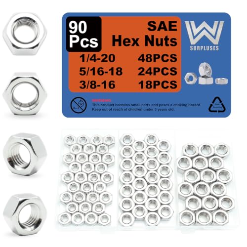 90Pcs 1/4-20 Nut, 5/16-18 Nut, 3/8-16 Nuts, Standard SAE Hex Nuts Kit - size: SAE 1/4 5/16 3/8 Kit---90 Pcs