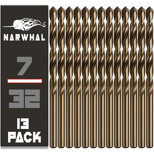 Narwhal 7/32 Inch Cobalt Drill Bits (13 Pack - Industrial Grade M35 Cobalt) 3-5/8" Length & 135 Degree Split Point for Drilling Into Metal, Hardened & Stainless Steel, Cast Iron, & More! - size: 7/32 in