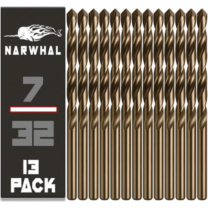 Narwhal 7/32 Inch Cobalt Drill Bits (13 Pack - Industrial Grade M35 Cobalt) 3-5/8" Length & 135 Degree Split Point for Drilling Into Metal, Hardened & Stainless Steel, Cast Iron, & More! - size: 7/32 in