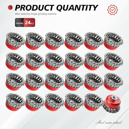 24 Pack Wire Cup Brush for 4-1/2 Angle Grinder 3" Carbon Steel Twist Knotted Cup Brushes with 5/8"-11 Threaded Arbor for Heavy-Duty Conditioning Removing Rust