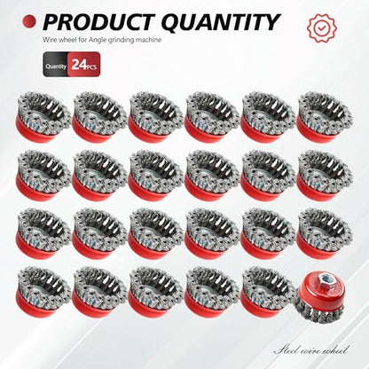 24 Pack Wire Cup Brush for 4-1/2 Angle Grinder 3" Carbon Steel Twist Knotted Cup Brushes with 5/8"-11 Threaded Arbor for Heavy-Duty Conditioning Removing Rust