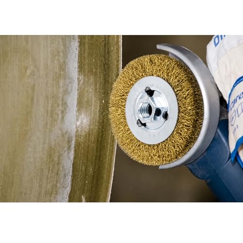 PFERD Crimped Wheel Brush - Brass Wire, 4" Diameter, 5/8-11 Thread, 0.012 Wire Size, 11/16" Trim Length, 1/2" Face Width, 12500 RPM - Ideal for Surface Preparation and Finishing - Part 82367 - size: 4" Diameter