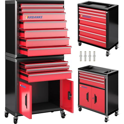 LARBANKE 10-Drawer Rolling Tool Chest with Wheels&Locks, Red Tool Cabinet - color: Red, size: 10 drawer and double-door tool chest
