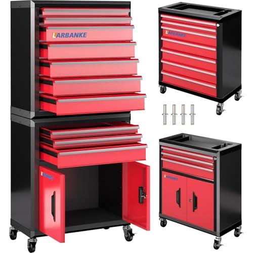 LARBANKE 10-Drawer Rolling Tool Chest with Wheels&Locks, Red Tool Cabinet - color: Red, size: 10 drawer and double-door tool chest