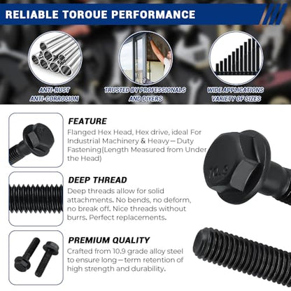 12-Sets M6-1.0 x 50mm Grade 10.9 Flange Hex Bolts + Flange Nut + Flat Washer + Lock Washer Combo Pack, Black Oxide, for Automotive & Machinery - size: M6-1.0 x 50mm