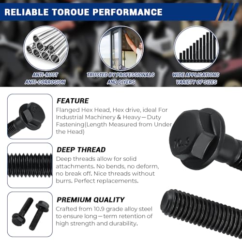 20-Sets M6-1.0 x 12mm Grade 10.9 Flange Hex Bolts + Flange Nut + Flat Washer + Lock Washer Combo Pack, Black Oxide, for Automotive & Machinery - size: M6-1.0 x 12mm