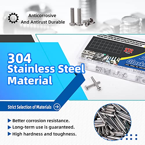 Glarks 272Pcs Phillips Pan Head Screws & Outer Hexagon Screws with Hex Nuts and Flat Washers Lock Washers Assortment Kit, 304 Stainless Steel Hardware Machine Screws Assortment Set with Storage Case - size: 1/4-20, 5/16-18, 1/4, 5/16, 3/8-16