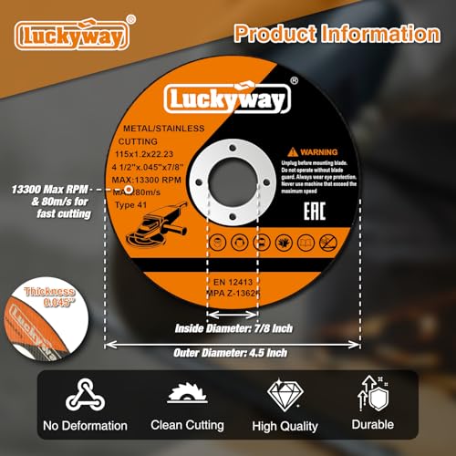 Luckyway 4-1/2 Inch Cut Off Wheels, 4-1/2"x.045“ x7/8" Cutting Wheel, Angle Grinder Cutting Disc for Metal and Stainless Steel Cut - 52 Pack
