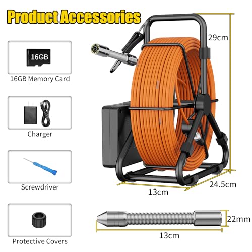 Sewer Camera 100FT/30M Borescopes Plumbing Snake Pipe Inspection Camera 22mm with 8500Mah Battery 4.3" IPS Screen 12 LEDs HD 1000TVL (22MM NO DVR Function) - size: 4.3inch-22MM(NO DVR)