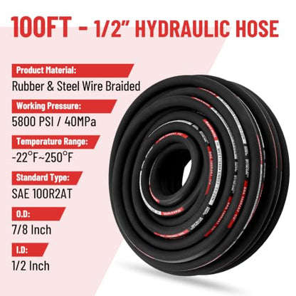 100FT 1/2" Hydraulic Hose with 24PCS Hydraulic Hose Fittings - size: 1/2" Hydraulic Hose - 100FT