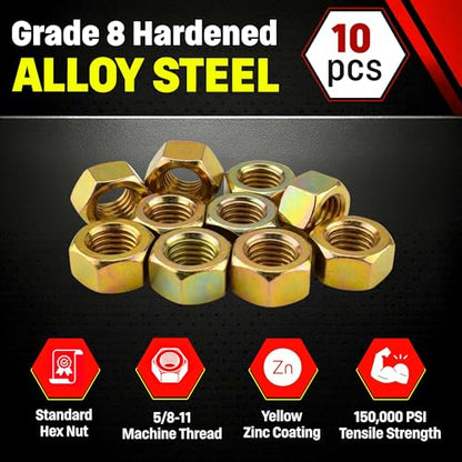 Chenango Supply 5/8-11 Grade 8 Hex Nuts Alloy Steel Heavy Duty Nuts - size: 5/8-11 Hex Nut