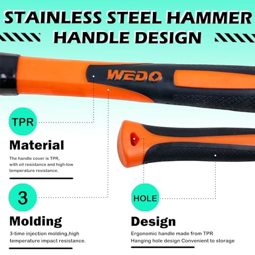 WEDO 2PCS Ball Pein Hammer Set,0.8lb+1lb(340g+450g),Stainless Steel Ball Peen Hammer Set With Fiberglass Handle,Die-forged,Shock-resistant,Corrosion Resistant - size: 0.8lb+1lb(340g+450g)