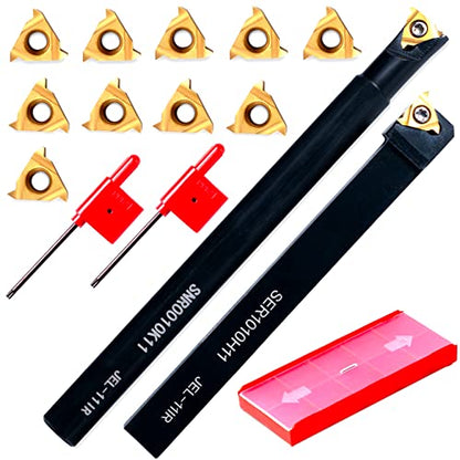 Lathe Turning Holders Threading Tool - Metal Lathe Cutting Tools 1/2" External SER1010H11+3/8" Internal SNR0010K11 Turning Holders with Indexable Carbide Inserts 10pcs Golden for Lathe Tools - color: 2pcs 3/8" boring bars+10pcs inserts
