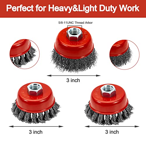 AUPREX 4 1/2" Angle Grinder Wire Wheel Set - 4 Inch & 3 Inch Knotted Coarse Crimped Wheels, Cup Brush with 5/8-11UNC Threaded Arbor