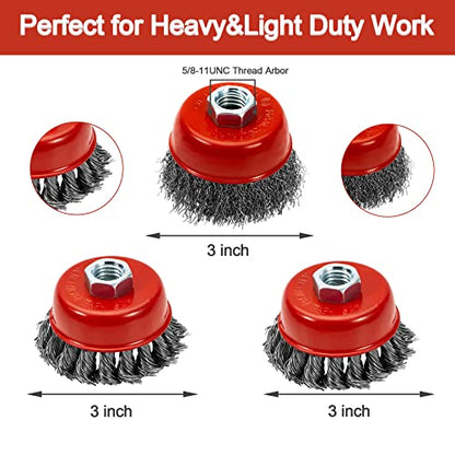 AUPREX 4 1/2" Angle Grinder Wire Wheel Set - 4 Inch & 3 Inch Knotted Coarse Crimped Wheels, Cup Brush with 5/8-11UNC Threaded Arbor