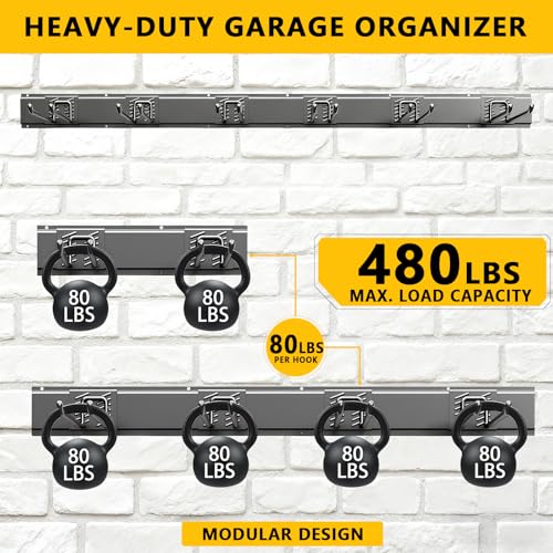 Garage Tool Organizer Wall Mount, 48inch Heavy-Duty Garage Storage System and Garden Tool Organizer with 6 Adjustable Straight Hooks for Shovel, Snowboard, Yard Tools and Shed - size: 48"-6straight hook